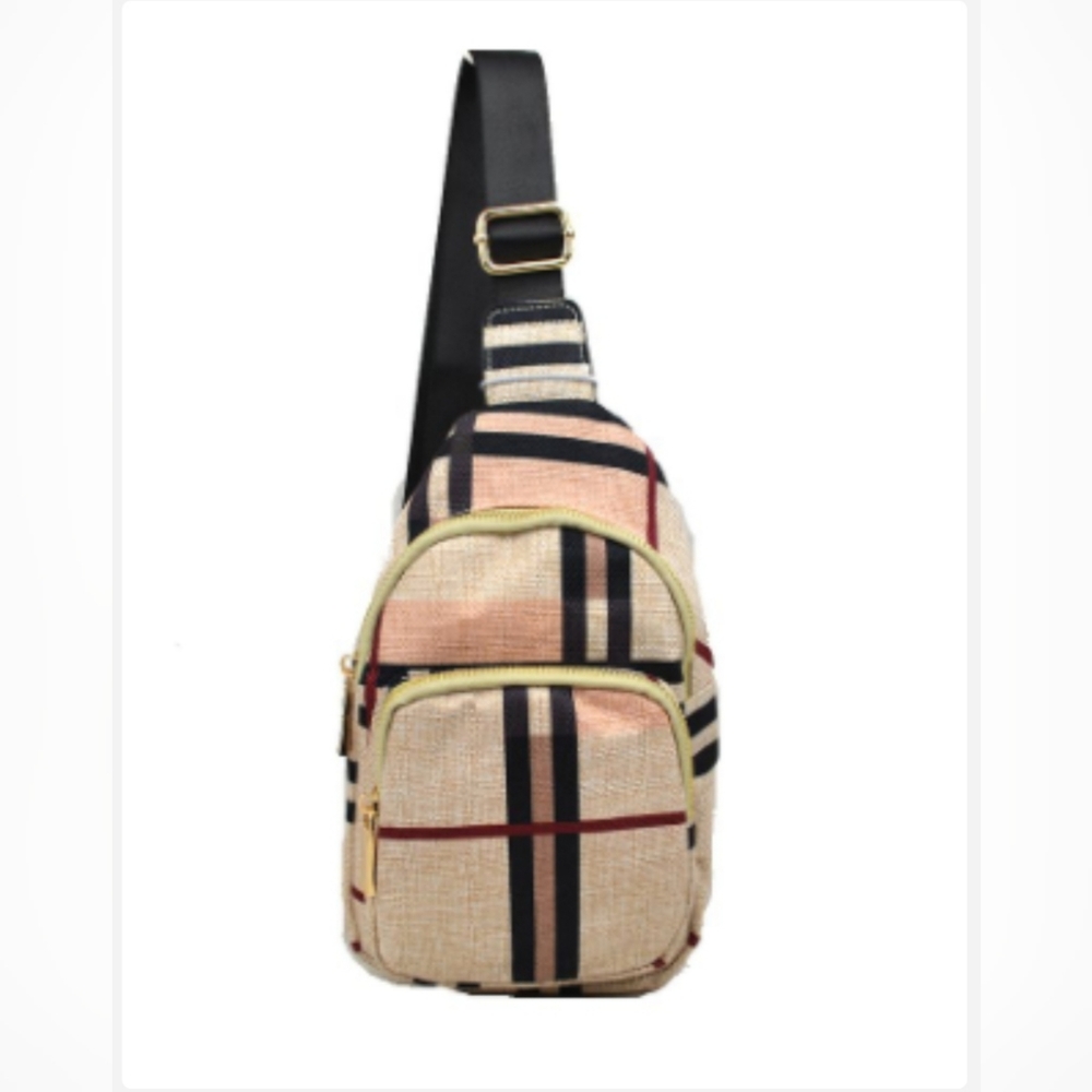 Cream plaid sling bag